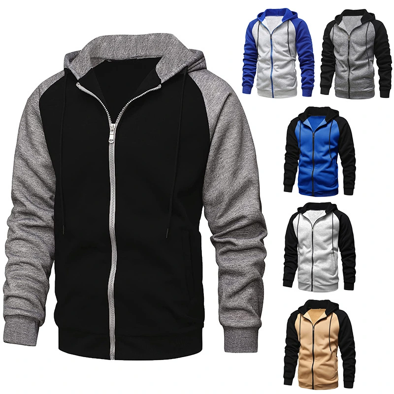 Factory Custom Zipper Hooded Fleece Color Matching Sports Men Cardigan Fleece Hoodies Street Wind Wholesale Custom Logo Printed Plain Hoodies